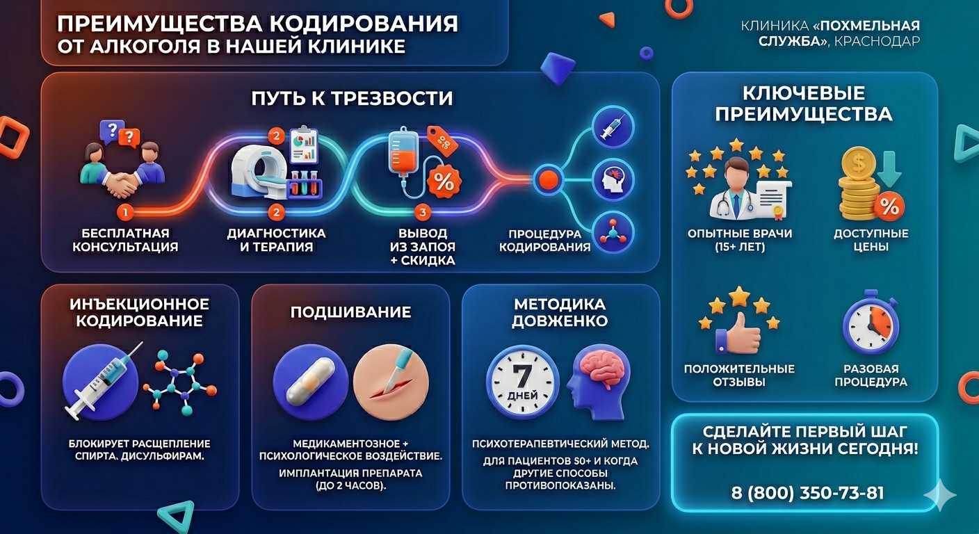 Инфографика о методах кодирования от алкоголя в Михайловке: инъекции, подшивание, метод Довженко. Преимущества клиники и этапы лечения.